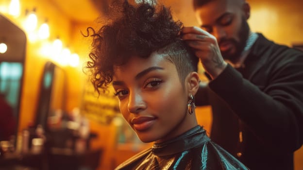Woman Getting Trendy Haircut at Barbershop, Beauty and Style