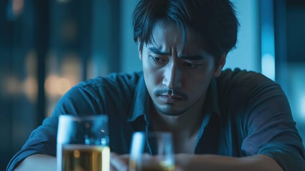 Depressed Man Drinking Alcohol Alone at Bar, Concept of Alcoholism, Addiction, and Mental Health Issues