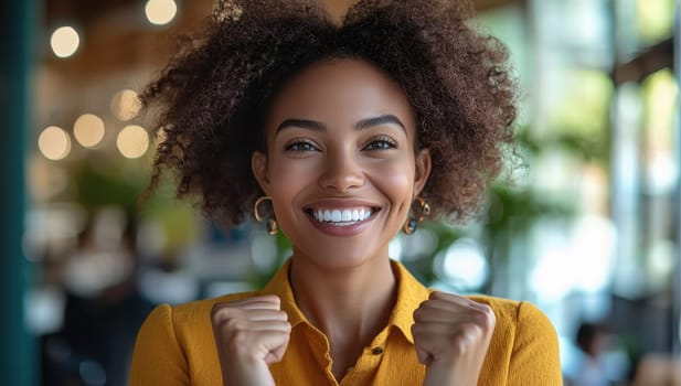 Happy woman celebrating success with a joyful expression. Concept of achievement and positivity.