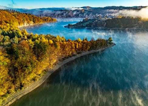 Aerial view of Lake Solina near the village of Zawoz in Bieszczady Mountains, Poland