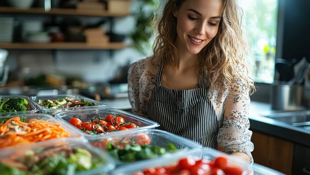A woman preparing healthy meals in a modern kitchen. Concept of nutrition and cooking.