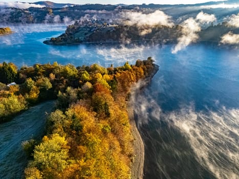 Aerial view of Lake Solina near the village of Zawoz in Bieszczady Mountains, Poland