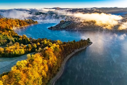 Aerial view of Lake Solina near the village of Zawoz in Bieszczady Mountains, Poland