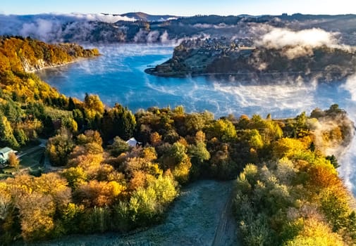 Aerial view of Lake Solina near the village of Zawoz in Bieszczady Mountains, Poland