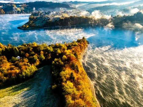 Aerial view of Lake Solina near the village of Zawoz in Bieszczady Mountains, Poland