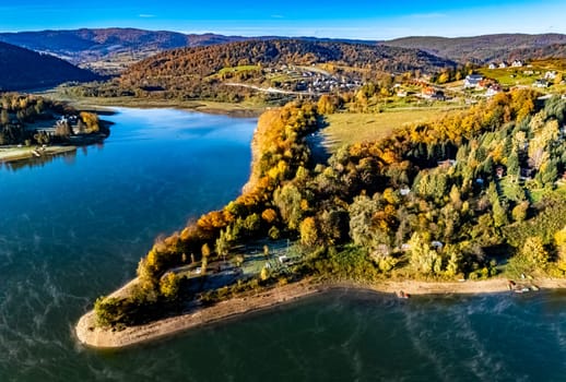 Aerial view of Lake Solina near the village of Zawoz in Bieszczady Mountains, Poland