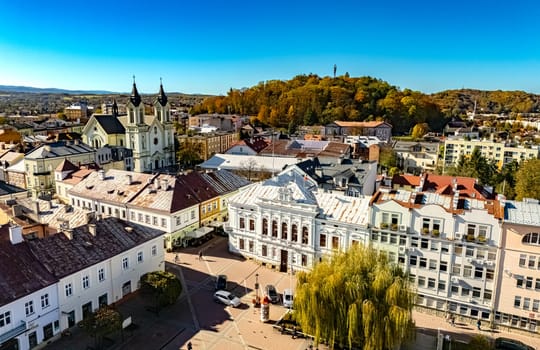 SANOK, POL - OCT 17, 2024: Aerial view of the sity of Sanok in Bieszczady Mountains, Poland