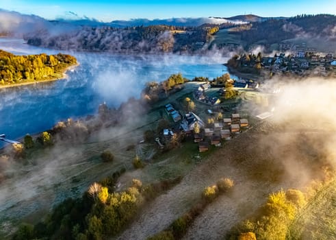 Aerial view of Lake Solina near the village of Zawoz in Bieszczady Mountains, Poland