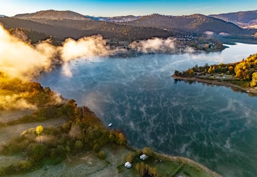 Aerial view of Lake Solina near the village of Zawoz in Bieszczady Mountains, Poland