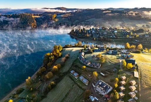 Aerial view of Lake Solina near the village of Zawoz in Bieszczady Mountains, Poland
