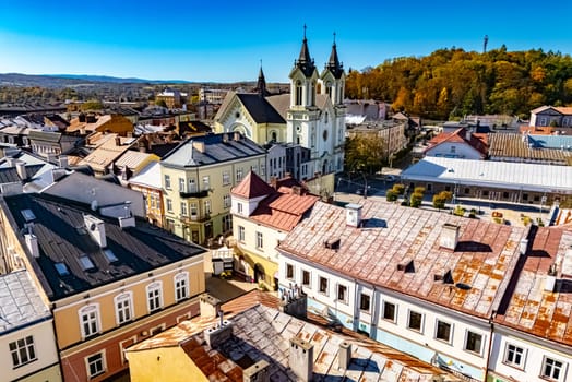 SANOK, POL - OCT 17, 2024: Aerial view of the sity of Sanok in Bieszczady Mountains, Poland