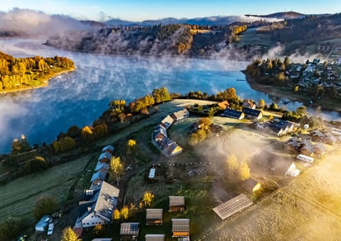 Aerial view of Lake Solina near the village of Zawoz in Bieszczady Mountains, Poland