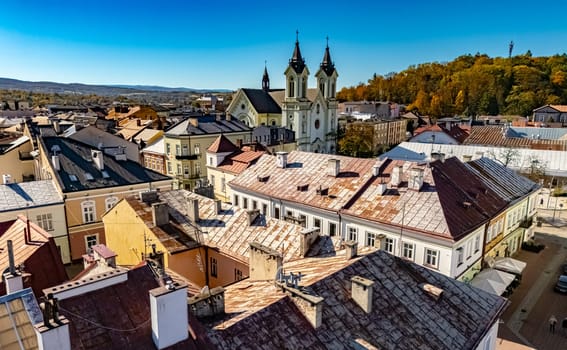 SANOK, POL - OCT 17, 2024: Aerial view of the sity of Sanok in Bieszczady Mountains, Poland