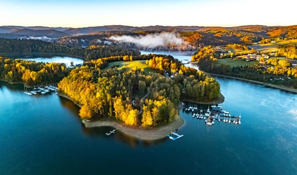Aerial view of Lake Solina near the village of Zawoz in Bieszczady Mountains, Poland