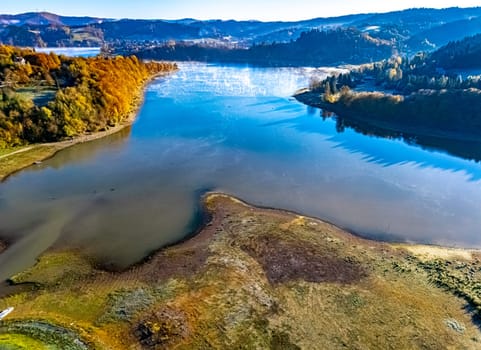 Aerial view of Lake Solina near the village of Zawoz in Bieszczady Mountains, Poland