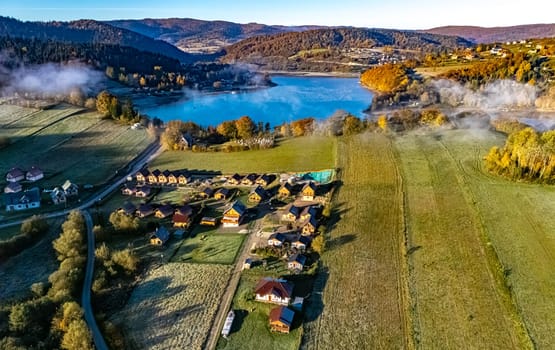 Aerial view of Lake Solina near the village of Zawoz in Bieszczady Mountains, Poland
