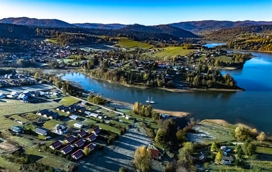 Aerial view of Lake Solina near the village of Zawoz in Bieszczady Mountains, Poland