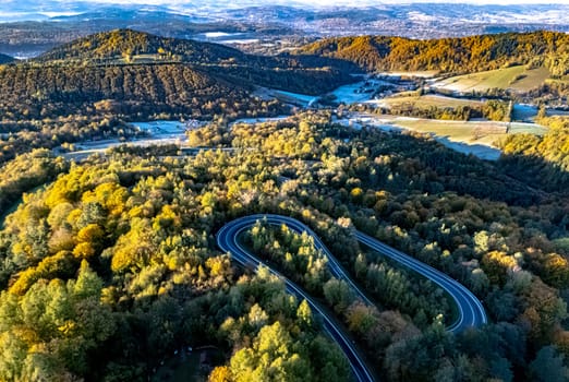 Serpentine road in Slonne Mountains near Sanok in Bieszczady Poland