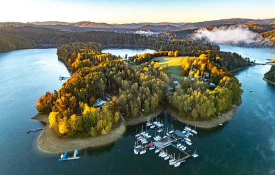 Aerial view of Lake Solina near the village of Zawoz in Bieszczady Mountains, Poland