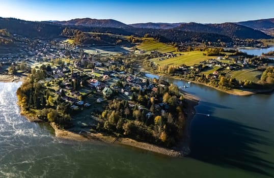 Aerial view of Lake Solina near the village of Zawoz in Bieszczady Mountains, Poland