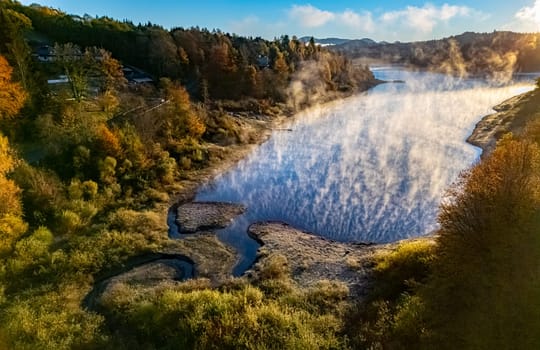Aerial view of Lake Solina near the village of Zawoz in Bieszczady Mountains, Poland
