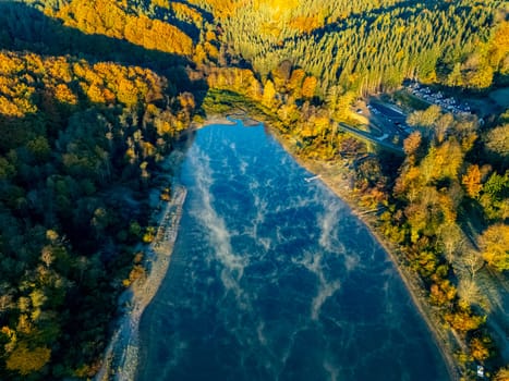 Aerial view of Lake Solina near the village of Zawoz in Bieszczady Mountains, Poland