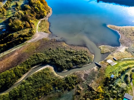 Aerial view of Lake Solina near the village of Zawoz in Bieszczady Mountains, Poland