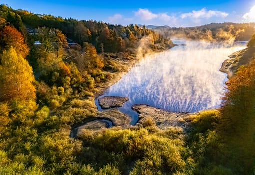Aerial view of Lake Solina near the village of Zawoz in Bieszczady Mountains, Poland