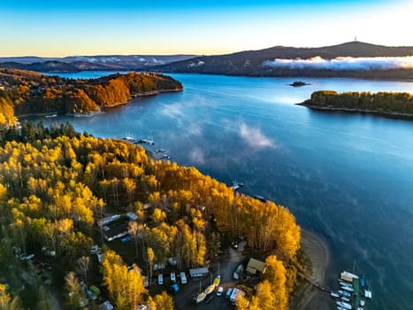 Aerial view of Lake Solina near the village of Zawoz in Bieszczady Mountains, Poland