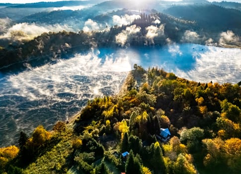 Aerial view of Lake Solina near the village of Zawoz in Bieszczady Mountains, Poland