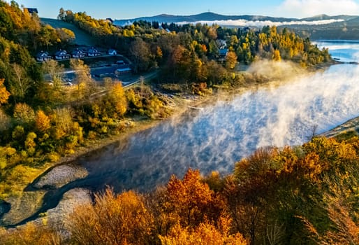 Aerial view of Lake Solina near the village of Zawoz in Bieszczady Mountains, Poland