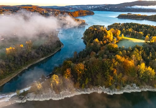 Aerial view of Lake Solina near the village of Zawoz in Bieszczady Mountains, Poland