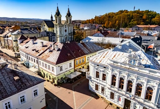 SANOK, POL - OCT 17, 2024: Aerial view of the sity of Sanok in Bieszczady Mountains, Poland