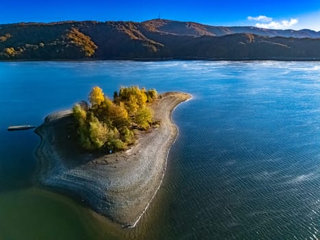 Aerial view of Lake Solina near the village of Zawoz in Bieszczady Mountains, Poland