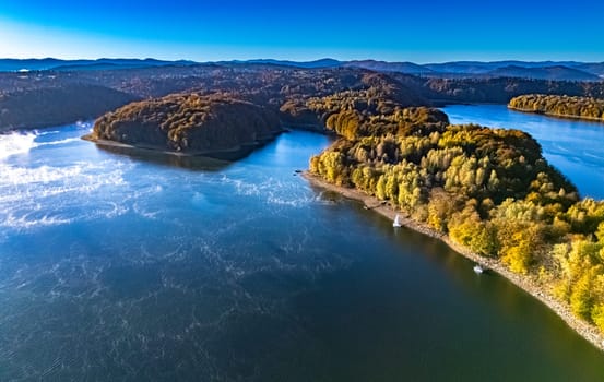 Aerial view of Lake Solina near the village of Zawoz in Bieszczady Mountains, Poland