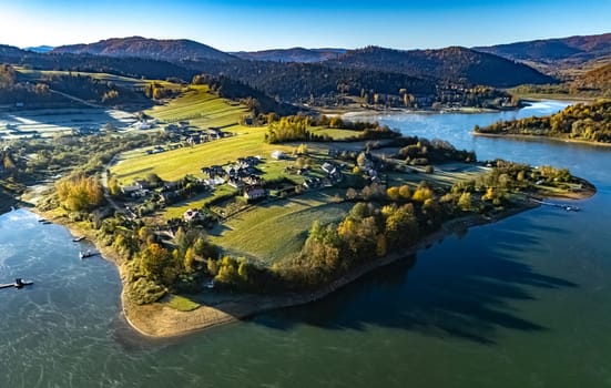 Aerial view of Lake Solina near the village of Zawoz in Bieszczady Mountains, Poland