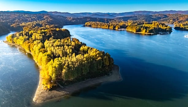 Aerial view of Lake Solina near the village of Zawoz in Bieszczady Mountains, Poland