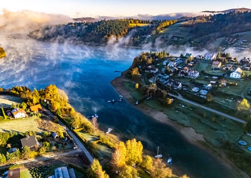 Aerial view of Lake Solina near the village of Zawoz in Bieszczady Mountains, Poland