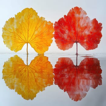 Lotus leaf, water reflection, perspective aesthetics, soft gradient colors, red and yellow, minimalist image from ancient China. AI generative.