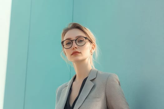 A real estate saleswoman stands confidently against a minimalist pastel blue wall, showcasing her professional attire and stylish glasses. She projects a sense of professionalism and approachability.