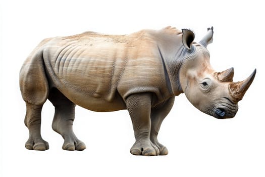 A rhinoceros stands alone, showcasing its massive form and distinctive horns. The bright daylight enhances its features, highlighting its textured skin and robust body.