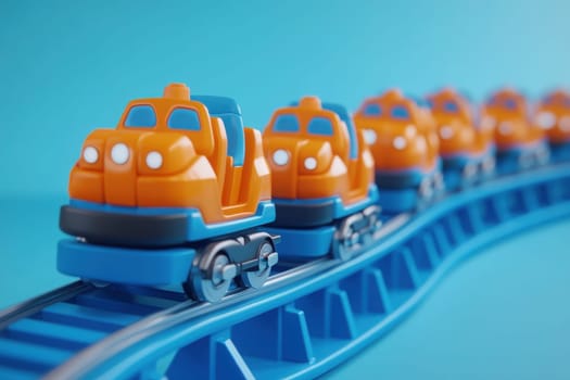 Brightly colored rollercoaster cars are lined up on a curving track against a solid blue background, creating a vibrant and cheerful atmosphere that invites fun and imagination.