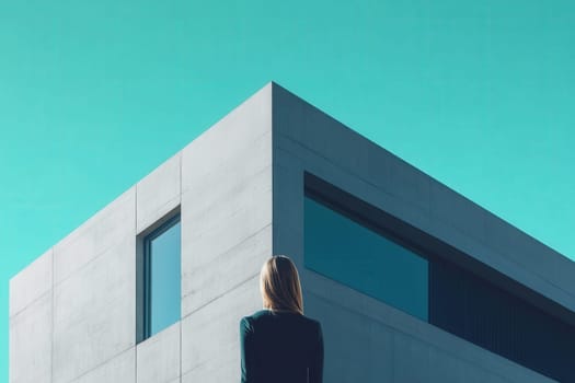 A professional woman in a sleek outfit admires a striking modernist home with clean lines and large windows. The vibrant blue sky enhances the contemporary architectural design.