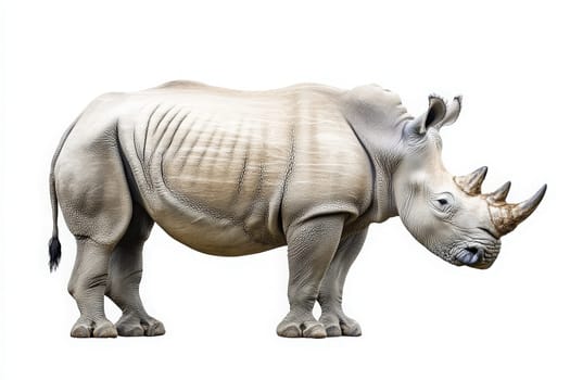 A rhinoceros is positioned centrally, highlighting its robust body and distinct features in a well-lit setting. The animal exemplifies strength and resilience in nature.
