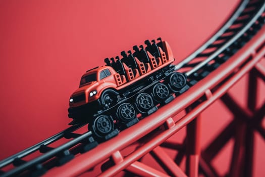 A bright red rollercoaster car climbs a track against a solid background, capturing the thrill of amusement parks and rides. The design highlights excitement and fun for visitors of all ages.