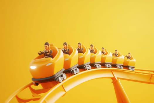 The rollercoaster cars glide smoothly along a curved track, showcasing their bright yellow color against a vibrant, clean solid background, creating an inviting amusement park atmosphere.