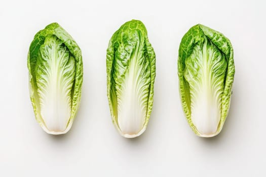 Three crisp romaine lettuce hearts are placed side by side on a clean white background, showcasing their vibrant green leaves and fresh appearance. Ideal for healthy meal preparations.