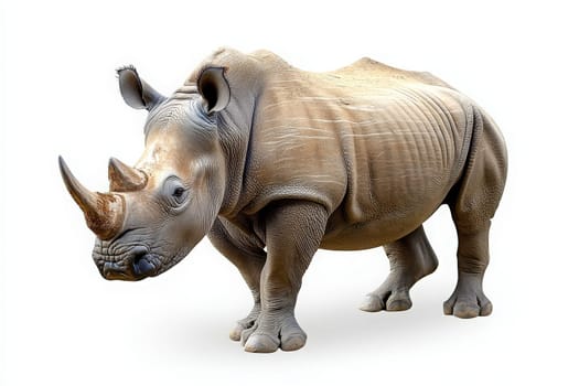 A rhinoceros stands isolated against a plain background, showcasing its distinct features and solid build during daylight. The animal appears calm, embodying the majesty of wildlife.