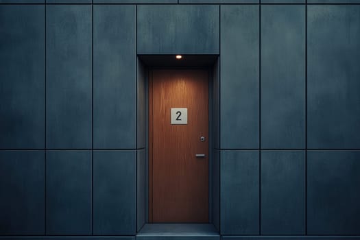 A clean, minimalist wooden door marked with the number two stands in a contemporary building. The surrounding wall features a smooth, dark finish, emphasizing simplicity and style.