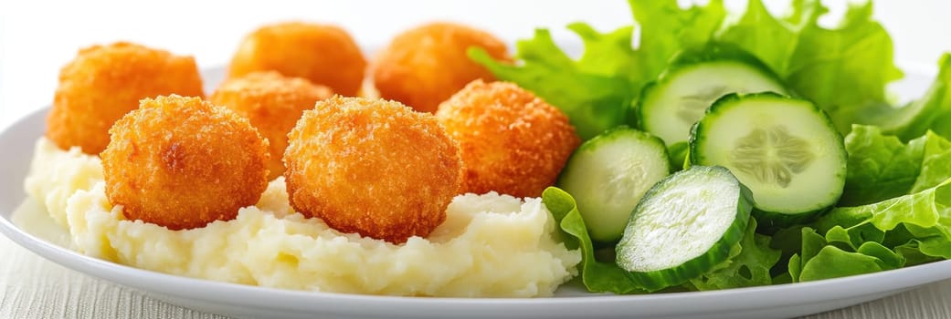 fried meatballs served with creamy mashed potatoes and a fresh green salad. AI generative.